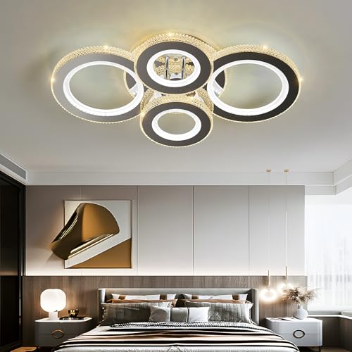 Image of Modern 56W Ceiling Light 4-Rings LED Ceiling Light Fixture with Remote Control Chrome Acrylic Dimmable Flush Mount Stainless Steel Chandelier for Livingroom Dining Room Kitchen Bedroom.