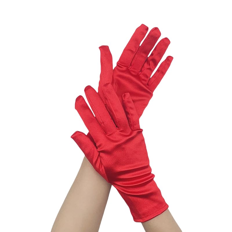 Women Short Satin,Child Adult Gloves Wedding Party Wrist Length Gown Opera Gloves-Red