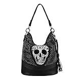 OBC Damen Totenkopf Skulls Tasche Strasssteine Glitzer Bowling Handtasche Shopper XL Beuteltasche Schultertasche (Schwarz 34x29x18 cm)