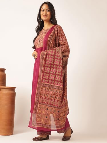 Image of Vbuyz Women Ajrakh With Yoke design Cotton Straight Kurta Set With Dupatta