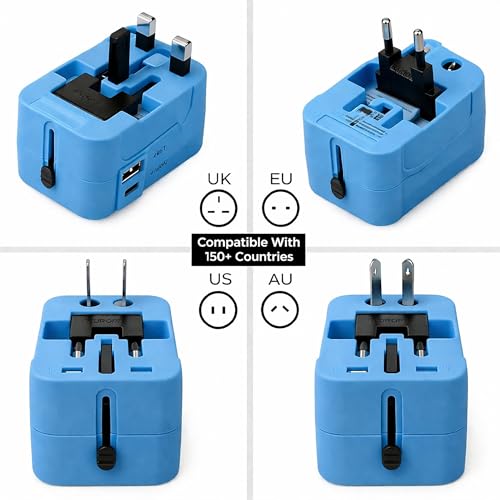 Image of MX Universal Travel Adapter All in One, Worldwide Plug Adapter for 150+ Countries, International Plug Adapter for Europe UK USA India, Multi Plug Travel Socket Compact Design (Blue)