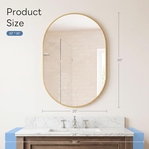 Image of Sweetcrispy 20 inch x 30 inch Gold Bathroom Mirror for Wall, Oval Wall Mirror with Metal Frame, Tempered Glass, Modern Vanity Mirror for Over Sink, Living Room, Bedroom, Entryway, Horizontal or Vertical