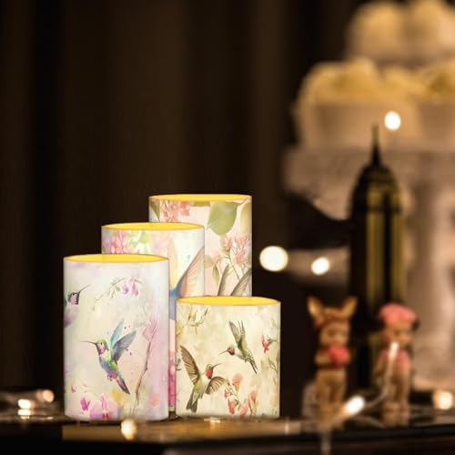Image of Vintage Flower Hummingbird Flameless Candles Battery Powered LED Pillar Candles Tealights with Remote Timer Color Changing Control for Home Decor Set of 4