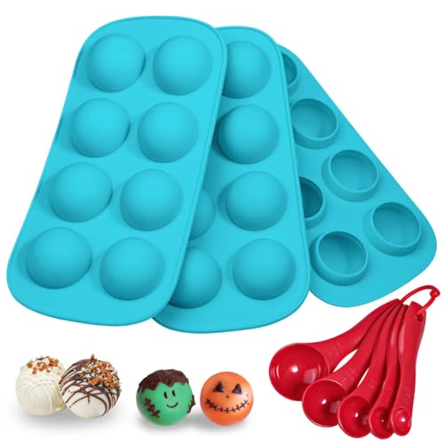 Webake Silicone Chocolate Candy Molds, Round Sphere Baking Molds for Cordial Truffle, Jello Pudding Ball Ice Cube Peanut Butter, Set of 3, Bonus Filling Scoop Set