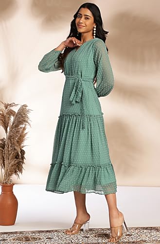 Image of Janasya Women's Dobby Chiffon Woven Design Tiered Dress