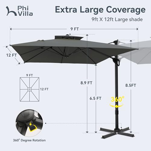 PHI VILLA Cantilever Patio Umbrella with Base, 9' X 12' Outdoor Large Rectangluar Umbrellas with 360°Rotation, Heavy Duty Hydraulic Double Umbrella Windproof for Outside, Deck, Garden, Porch, Grey