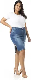 Saia Midi Jeans Fenda Lateral Lycra Plus Size