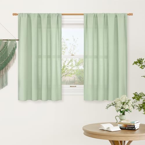 Image of LAMIT Small Window Linen Curtains, 45 Inch Length Light Filtering Faux Linen Textured Neutral Decorative Rod Pocket Drapes for Bedroom, Light Green, 2 Panels Set, 42 X 45 Inch