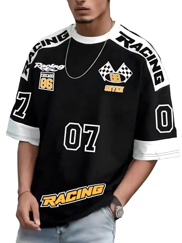 Jump Cuts Black Cotton Blend Oversized T-Shirt for Men, Slim Fit, 3/4 Sleeve, L