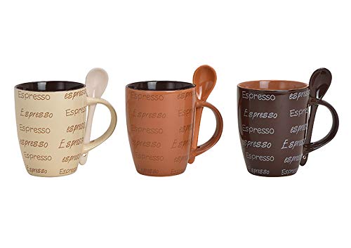 mucplants 3 Kaffeetassen mit 3 Löffeln - 6-teiliges Dekorset aus Keramik Höhe 10,5cm mit der Aufschrift Espresso Farben: Creme, Dunkelbraun,...