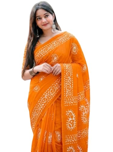 Image of Women's Pure Cotton Printed Saree with Traditional Batik Inspired Border Design, Soft Lightweight Daily Wear Saree with Unstitched Blouse Piece for Festive, Casual and Office Wear
