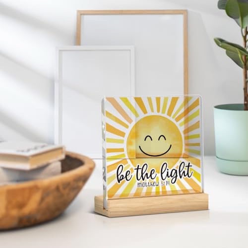 Image of Sunshine gifts Inspirational Sun Sunshine Acrylic Sign Desk Decor, Pop Smiles Rustic Farmhouse Wooden Block Sign Decorations for Home Office Girls Dorm Room Nursery Playroom Wall Tabletop Shelf Decor