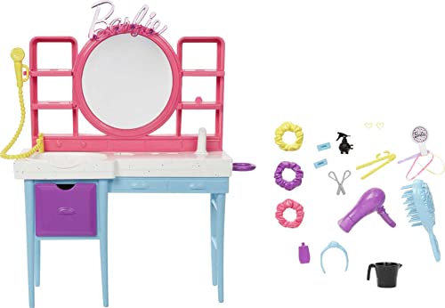 Barbie Doll & Hair Salon Playset with 15 Styling Accessories & Furniture, Long Color-Change Hair & Printed Dress - Image 5