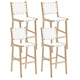 Homedraft Faux Leather Woven Barstools Set of 4, Modern Bar Height Bar Stool with Leather Strap and Wood Frame, White