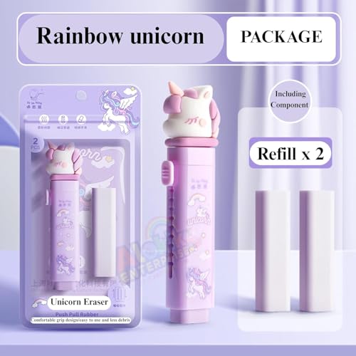 Image of Unicorn Compass Box Combo with Refillable Eraser for Girls | Magic World compass box with sharpener, timetable and unicorn push-pull eraser for school essentials.