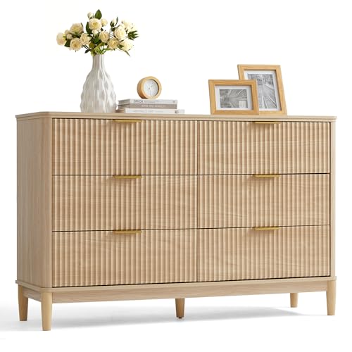 LINSY Fluted Dresser for Bedroom with 6 Drawers, Mid Century Modern Chest of Drawers with Gold Metal Handles, Wide Boho Wood Dressers, Large Farmhouse Storage Cabinet for Bedroom, Living Room, Oak