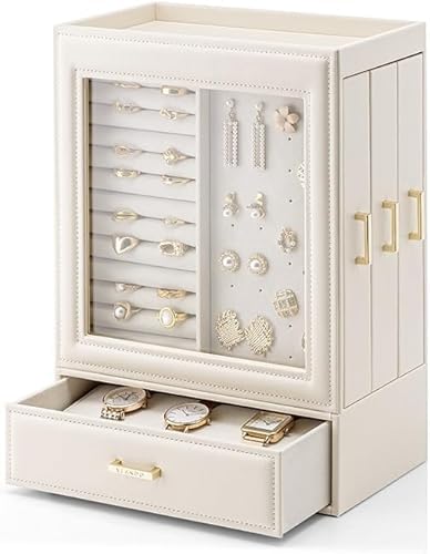 Joyero con ventana de cristal, organizador grande para collares, pendientes, anillos, pulseras y relojes, perfecto para mujeres y niñas