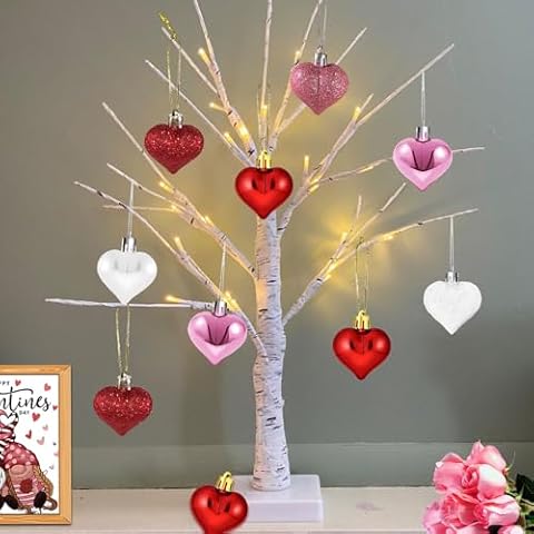 Valentines Day Decor, 24 Inch Valentine Tree with 12 Pcs Heart Ornaments, Lighted Valentines Day Table Mantel Decor, Light Up Birch Tree, Valentine Centerpiece, Valentine Decorations for Home Office Cover