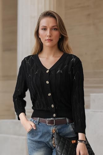 Image of Women's 2025 Crochet Sweater Cardigan 3 /4 Sleeve Lightweight Summer Knit Sweater | Open Front Boho Shrug Top | Beach Cover-Up & Office Wear | Machine Washable 21-Black-XL
