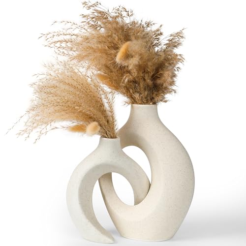 Set of 2 Elegant Donut Style Ceramic Vases – Boho Nordic Romantic Hugging Flower Decorative Vases for Pampas Grass, Bedroom, Living Room, Mantle, Book Shelf, Entryway Table 8.4 Inch Beige