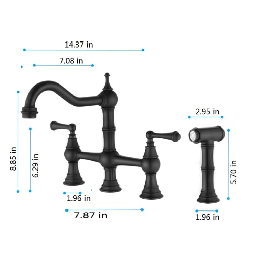 Bridge Kitchen Faucet With Side Sprayer And Two Handles, Deck Mount Solid Brass Hot Cold Water Faucet For Kitchen Sink, Matte Black #TOP7