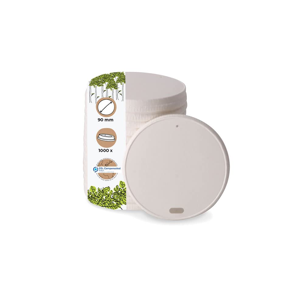 BIOZOYG Couvercle en papier avec bec I Couvercle pour café à emporter Ø 90 mm blanc I Pour gobelets à café en papier I Biodégradable et compostable I Couvercle avec ouverture I 1000 pièces