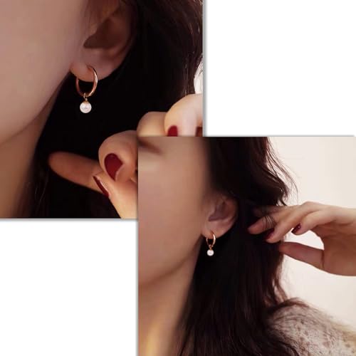 18k Gold Plated Pearl/Opal Huggie Small Hoop Earrings Titanium Small Huggie Hoop Earrings with Moverable Drop Dangle Earrings for Women3