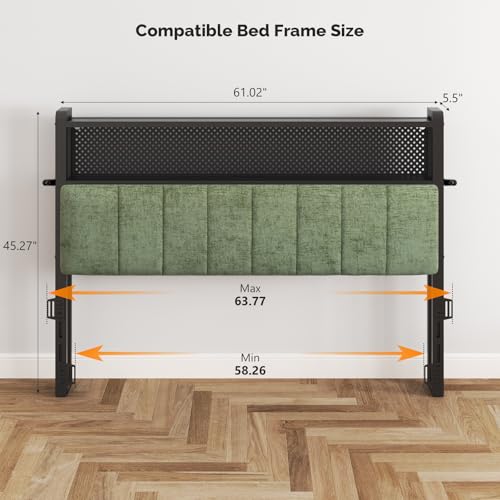 Image of VINGLI Chenille Green Queen Size Headboard for Bed with Storage Bookcase, Upholstered Head Board with Charging Stations and LED Lights, 2 Tier Shelves and Pegboard,Height Adjustable