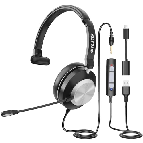 Voistek USB Headset with Microphone for PC, Wired Work Headset (One Ear) Computer Headphones with Noise Cancelling Mic, Mute, Volume Controls for Office Call Center Home Work Skype Zoom Team Meetings by Voistek - Used condition - US$19.88