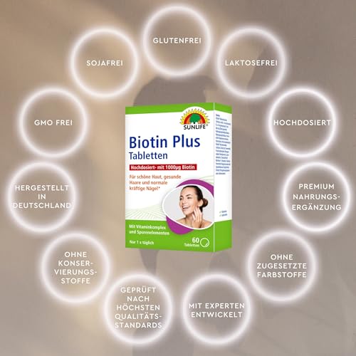 SUNLIFE Biotin Plus 1000 Tabletten - 1 x 60 Stück - Biotin hochdosiert mit Vitamin C & Zink - hochwertige Biotin Zink Tabletten - gluten- & laktosefreie Haar & Nägel Tabletten zur täglichen Anwendung