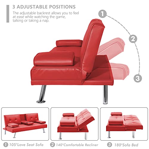 Dklgg Convertible Futon Sofa Bed, Reclining Lounge Couch Sofa With Armrests, 2 Cup Holders Faux Leather Upholstered And Metal Legs Sleeper Sofa Perfect For Living Room, Small Space, Apartment #TOP5