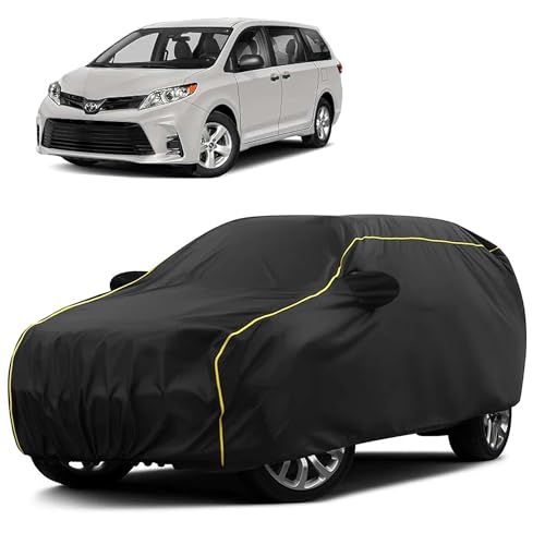 Image of Sulfar 100% Water Resistant Car Body Cover Compatible with Mirror for Toyota Sienna (Triple Stitched, Full Bottom Elastic, Black Taffeta with Yellow Piping)