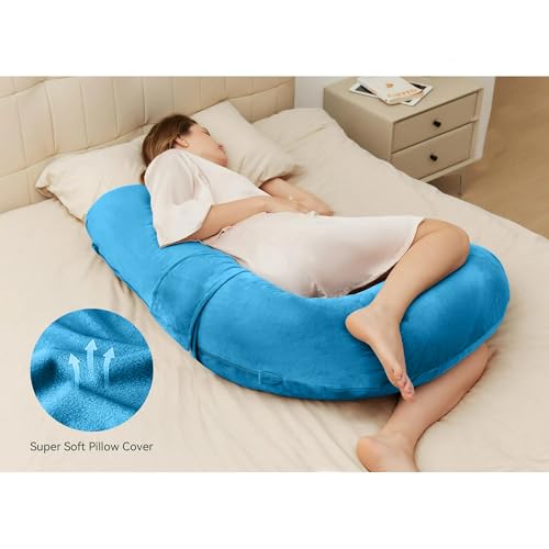 Image of J-Shaped Sleeping Pregnancy Pillow| Removable Velvet Covers| PregnoCare Fibres| Baby Shower Gift, Maternity, Nursing| Full Body Soft-Support Bump, Head, Back, Shoulder, Hips, Legs and Belly (Sky Blue)