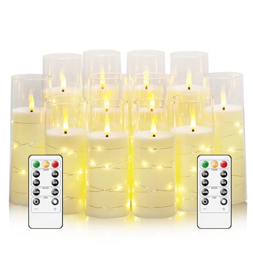 Image of Sasigeiaa Flameless Candles with Embedded Star String - Battery Operated LED Candles, with Remote,12 Ivory Flickering Candles for Christmas, Weddings, Home Decor & Party,(D 2.3 inchxH 5 inch 6 inch 7 inch)