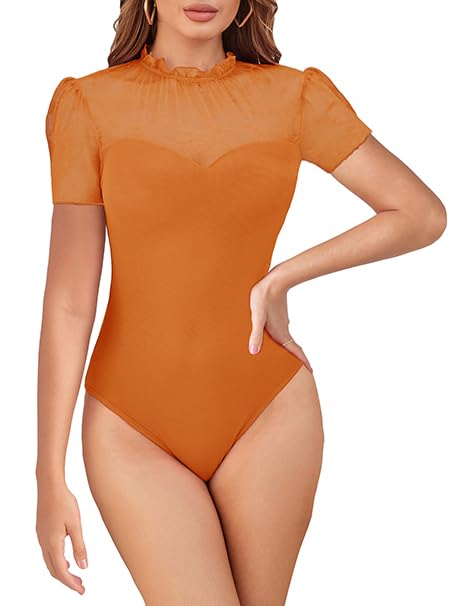 MAYFASEY Spitzenbody für Damen Sexy Kurze Ärmel Spitze Mesh Bodysuits Mock Ausschnitt Elegant Durchsichtige Tops, Orange, M