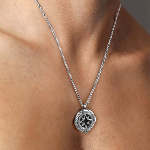 Stainless Steel Compass Necklace for Men, Silver Pendant Necklace for Men, North Star Design, Durable & Fade-Resistant Jewelry Gift for Him