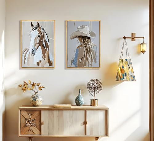 Image of FJKLRP 2pcs Western Cowboy Girl Wall Art with Hat Cowboy Girl and Horse Canvas Print Poster Western Oil Painting Style Decoration for Living Room Bedroom Home Wall Decor Unframed