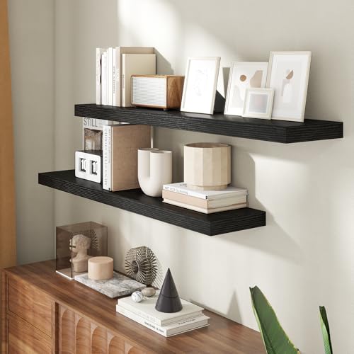 Image of 48 Inch Floating Shelves for Wall, 8 Inch Deep Floating Shelf for Storage & Display, Rustic Wall Mounted Shelf with Invisible Brackets for Living Room, Kitchen, Bathroom, Home Decor, Set of 2, Black