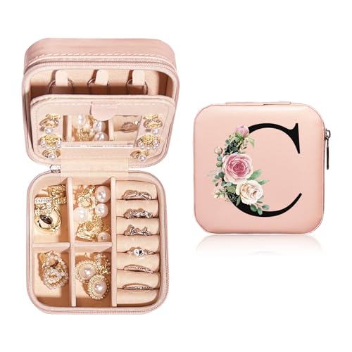 JEKUGOT Joyero personalizado pequeño – Joyero de viaje con espejo, organizador de joyas de viaje, caja de almacenamiento, regalo de cumpleaños para mujeres, madres y amigos (A), Cuero