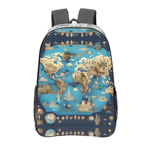 Sac à dos transparent noir avec poches multiples et motif carte géographique du monde