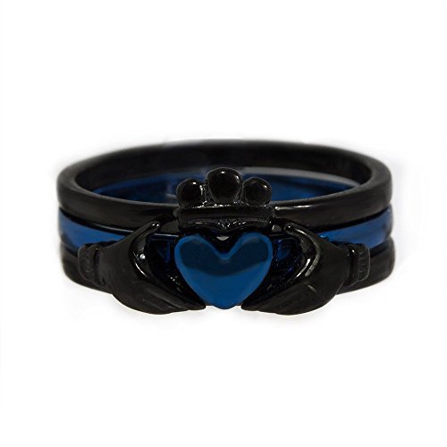 Panvisionary Thin Blue Line Claddagh Ring Black and Blue Stainless Steel 3 Piece Set (9)