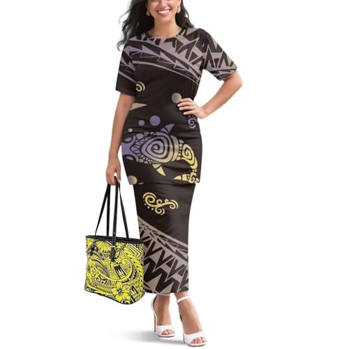 Image of Puletasi Samoan Traditional 2 Piece Outfits for Women Short Sleeve Crop Top and Maxi Skirt Sets Puletasi Dress