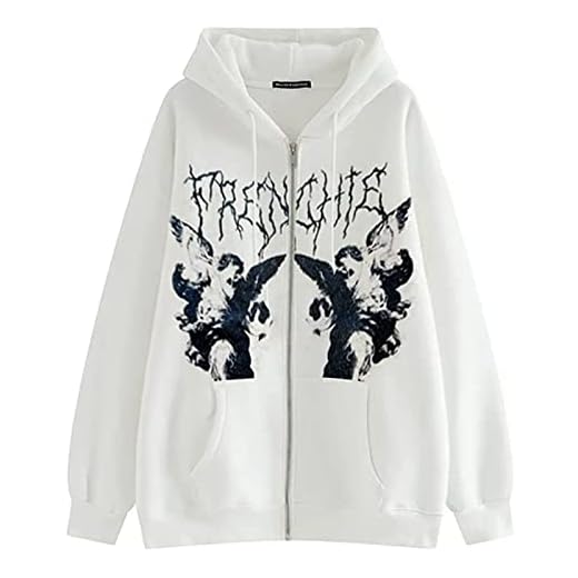Zip Up Hoodie för Kvinnor Plus Size Oversized Y2k-kläder Bruna Luvtröjor Vintage Baggy E-Girl 90-tals Sweatshirt Estetiska Kläder (Color : White, Size : XL)