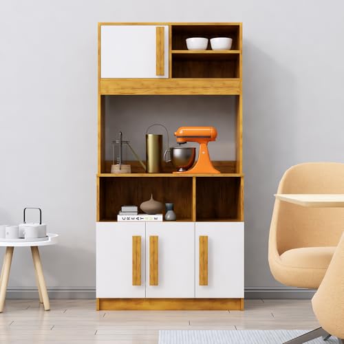 Image of Bniture Multipurpose Kitchen Cabinet | Engineered Wood Crockery Cabinet Modern with 4 Doors & Shelves | Crockery Unit for Dining Area | Kitchen Crockery Cabinet for Home | Giant Wood & Frosty White