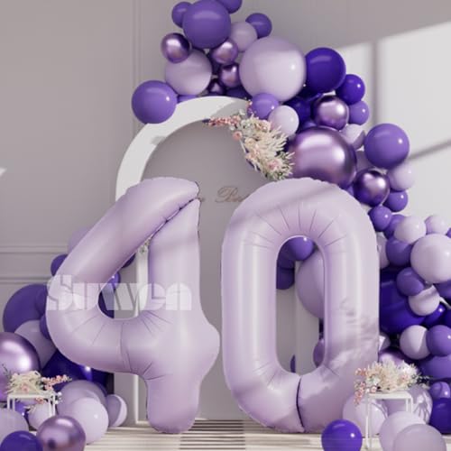 Image of SUWEN 40 Inch Light Purple Lavender Big 40 Balloon Number Foil Helium 0-9 | 40th Large Giant Huge Mylar Jumbo Happy Birthday Party Anniversary Decorations