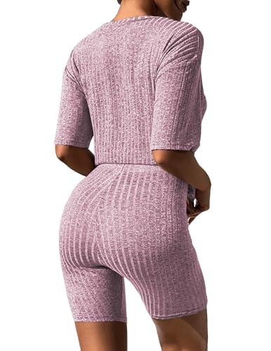 Ekouaer Pajamas 2 Piece Lounge Sets Ribbed Knit Matching Outfits T-shirt Biker Shorts Slee - image 2