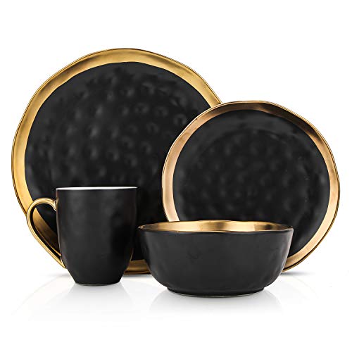 Image of Stone Lain Florian Modern Porcelain Dish Set, 32-Piece Dishes for 8, Gold and Black