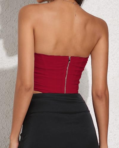 Image of Modegal Women's Strapless Boned Mesh Bustier Corset Bodyshaper Crop Top | Vintage Backless Bustier Zip Back Corset Bodyshaper Crop Top