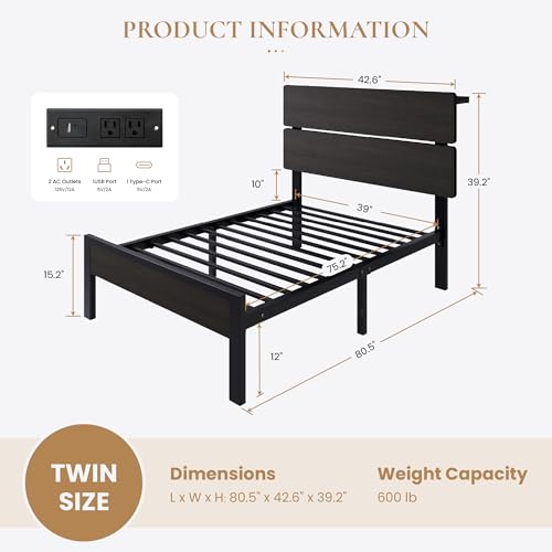 Image of SHA CERLIN Twin Size Bed Frame, Led Light, Charging Station, Storage Shelf | Wooden Headboard, Heavy Duty Slats Support, Metal Platform Bed, Under Bed Storage, No Box Spring Needed, Noise Free, Black