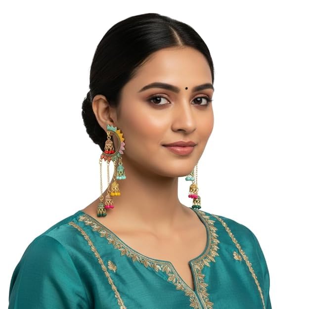 Image of WORLD CRAZE Multicolour long kashmiri jhumka for women chandbali earrings chand baliyan | kashmiri earrings for women | bahubali earrings stylish | Traditional Indian Festive Jewelry | Long Chain Tassels | Pearl Drop Latkan Jewellery (Multi colour)